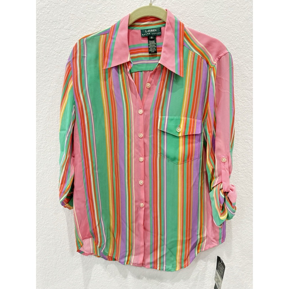 Ralph Lauren Shirt Womens 8 Button Up Striped Colorful NWT $119